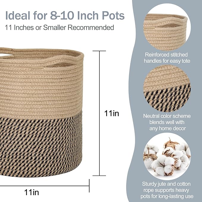 Woven Jute Plant Basket, Wicker Basket Planter for 10 inch Pot, Round Indoor Tree Pot Cover, Small Boho Planter Baskets, Decorative Basket for Plants and Home Decor, 11”X11”, Black Stripes