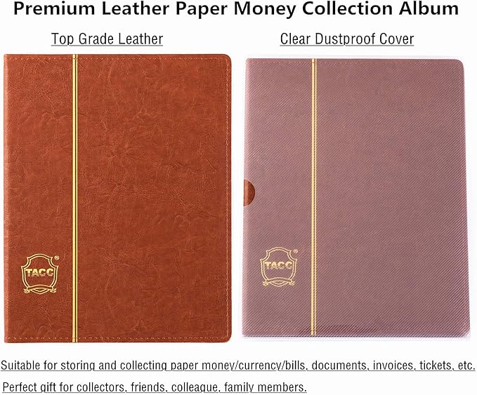 Ettonsun Leather 60-Pocket Paper Money Album Currency Holders for Collectors Collection Supplies Holder Book for Travel Bill Banknote Stamp Storage Display with 10 Collecting Pages (Brown)