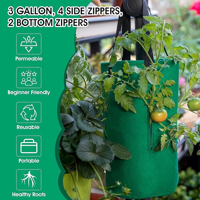 3 Piece Upside Down Tomato & Strawberry Planter Set - Hanging Grow Bags with 4 Side Zippers & 1 Bottom Zipper - Tomato Kit & Strawberry Kit for Easy Vertical Gardening