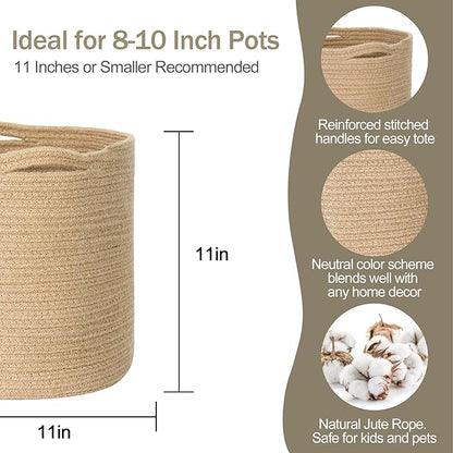 Woven Jute Plant Basket, Wicker Basket Planter for 10 inch Pot, Round Indoor Tree Pot Cover, Small Boho Storage Bin Organizer, Rustic Baskets for Plants and Home Decor, 11”X11”