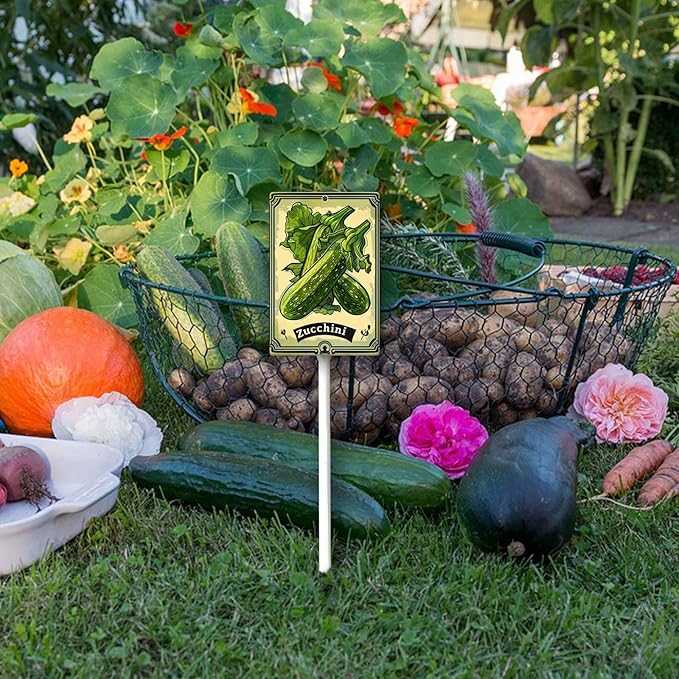 Uptell Vegetable Garden Zucchini Yard Sign Label With Stake Plant Markers For Outdoor Plants Waterproof 7x8.8inch Nursery Garden Outdoor Sign