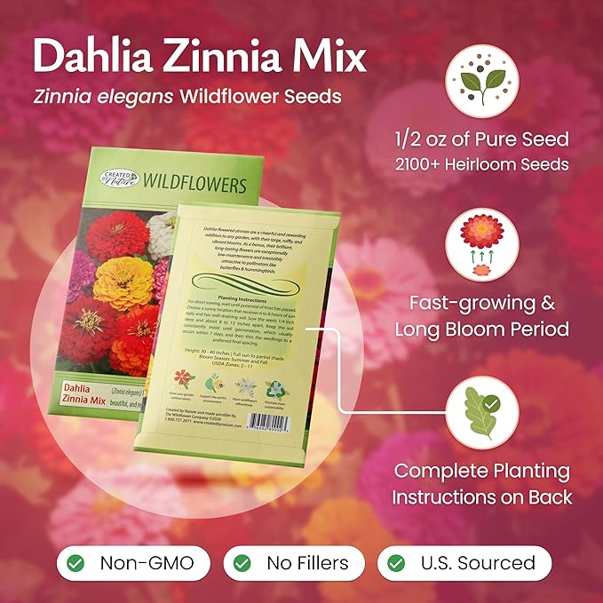 Created By Nature, Dahlia Zinnia Wildflower Seed Mix, Red, Pink, Orange, Yellow, Purple, and White Annual Flower Seeds, 2,125 Wildflower Seeds Bulk for Pollinator Gardens (Zinnia elegans)