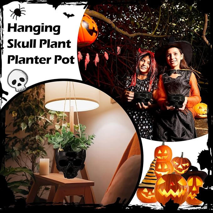 2 Pack Hanging Skull Planter Pot with Ropes Gothic Skeleton Plant Pot Skull Candy Bowl for Succulent Plants Flowers Horror Head Wall Decoration