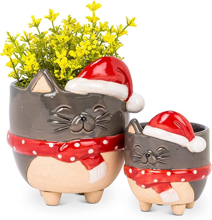 Abbott Collection 27-CRITTER-973-SM Small Cat with Santa Hat Planter, 3.5" H