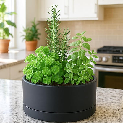 D'vine Dev 10 Inch Plastic Shallow Planter, Large Round Succulent Plant Pot with Drainage Hole and Sauce, Decorative Bonsai Pot for Indoor Plants, Black, 76-Z-B-2