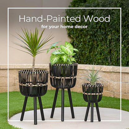 Set of 3 Woven Basket Decorative Planter Pot – Bamboo & Pine Wood Outdoor & Indoor Plant Pot – Modern Boho Garden and Home Decor Planters – 19", 23", & 26", Black