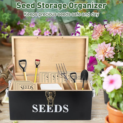 Coolrunner Wood Seed Saving Box, Seed Storage Organizer Case, Seed Packet Storage Organizer with Lock and 3 Handles, 30P Plant Labels, 30P Seeding Envelopes Bag (Black)