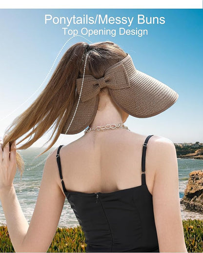 Womens Beach Straw Sun Hats Ponytail Hole Wide Brim Summer Visor Foldable Hat Sun Protection Packable for Travel Pool