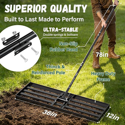 Lawn Leveling Rake 36X12 inch,78" Long Handle Level Rake ,Heavy Duty Yard Leveling Rakes Suit for Garden,Golf Lawn and Farm,Effort Saving Tool for Soil Grass Golf Field