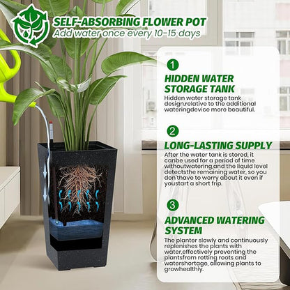 22.5" Tall Self Watering Planters Set of 2, Indoor Outdoor Plant Pots with Water Level Monitor & Drainage Holes, Automatic Watering System for Patio Garden Decor, Black