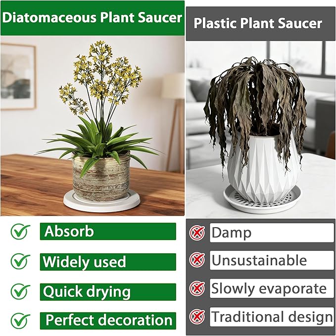 Plant Saucer Flower Pot Saucers Plant Trays for Pots Instant Dry Diatomaceous Earth Round Plant Drip Trays for Indoors Keeping Counter and Floors Dry and Clean (2pcs White Medium)