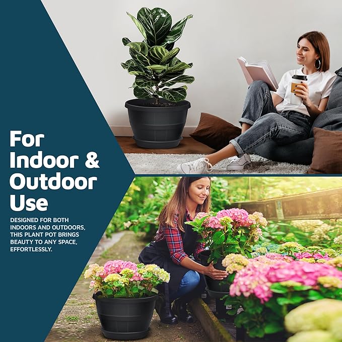 10-Inch Whiskey Barrel Planters Outdoor Pack of 5 - Durable Plastic Plant Pots for Indoor & Outdoor Use with Drainage & Saucer, Lightweight Rustic Barrel Planters for Flowers, Herbs & Small Plants