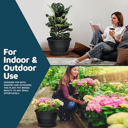 10-Inch Whiskey Barrel Planters Outdoor Pack of 10 - Durable Plastic Plant Pots for Indoor & Outdoor Use with Drainage & Saucer, Lightweight Rustic Barrel Planters for Flowers, Herbs & Small Plants