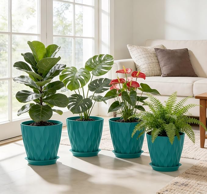 8 Inch Plant Pots, 4 Pack Plastic Planters for Indoor Outdoor with Drainage Holes & Saucers, Waffle Texture Flower Pots for Indoor Plants, Indoor Plant Pots for Monstera, Fiddle Leaf Fig Blue