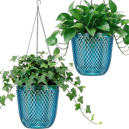 QCQHDU Self Watering Hanging Pots, 2 Pack 7.2 Inch Hanging Planters for Plants Indoor, Outdoor Plant Hanger Flower Pots with Drainage Holes and 3 Hooks Chains for Garden Home (Klein Blue)