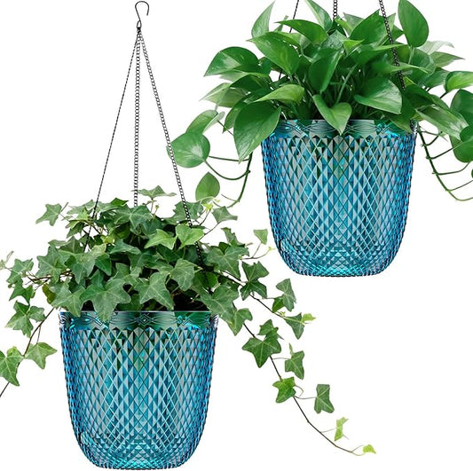 QCQHDU Self Watering Hanging Pots, 2 Pack 5.7 Inch Hanging Planters for Plants Indoor, Outdoor Flower Pots with Drainage Holes and 3 Hooks Chains for Garden Home (Klein Blue)