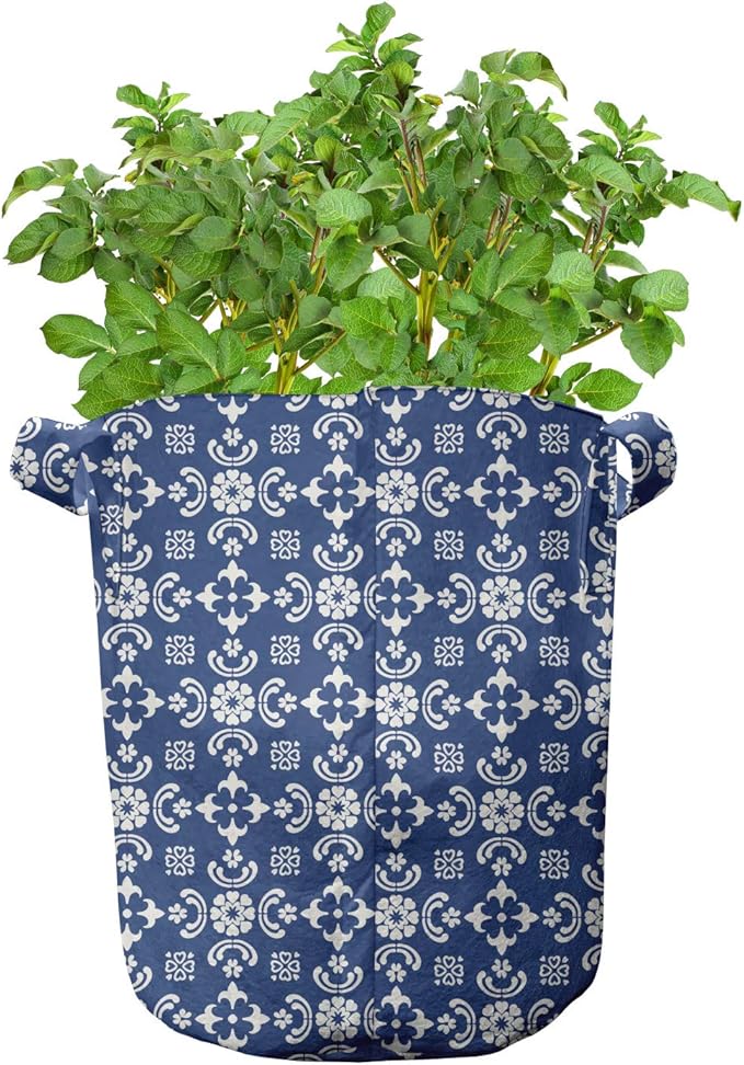 Ambesonne Folk Art Grow Bags 5-Pack, Talavera Tile Like Pattern, Heavyduty Fabric Pots with Handles for Plants, Sky Blue