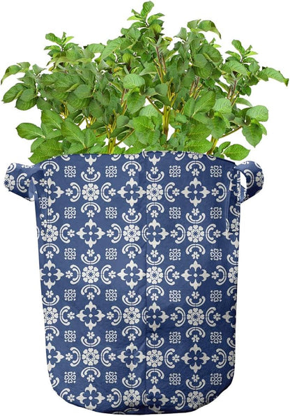 Ambesonne Folk Art Grow Bags 5-Pack, Talavera Tile Like Pattern, Heavyduty Fabric Pots with Handles for Plants, Sky Blue