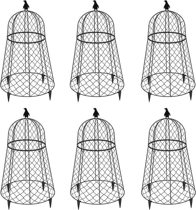 (6 Packs) 13" D x 20" H Garden Cloches for Plants, Rustproof Plant Cloche and Cover, Large Wire Plant Protectors from Animals, Split-Design Metal Plant Cloche with Collapsible Stakes, Black