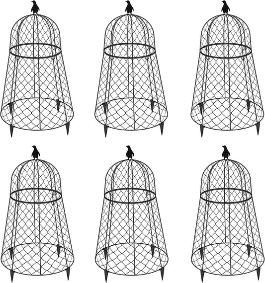 (6 Packs) 13" D x 20" H Garden Cloches for Plants, Rustproof Plant Cloche and Cover, Large Wire Plant Protectors from Animals, Split-Design Metal Plant Cloche with Collapsible Stakes, Black