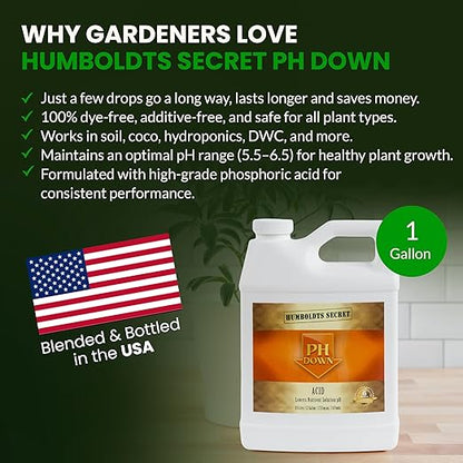 Humboldts Secret pH Down for Plants | Liquid pH Adjuster and Balancer for Soil Coco Hydroponics | Concentrated Phosphoric Acid Solution Supporting Nutrient Uptake and Strong Growth | 1 Gallon
