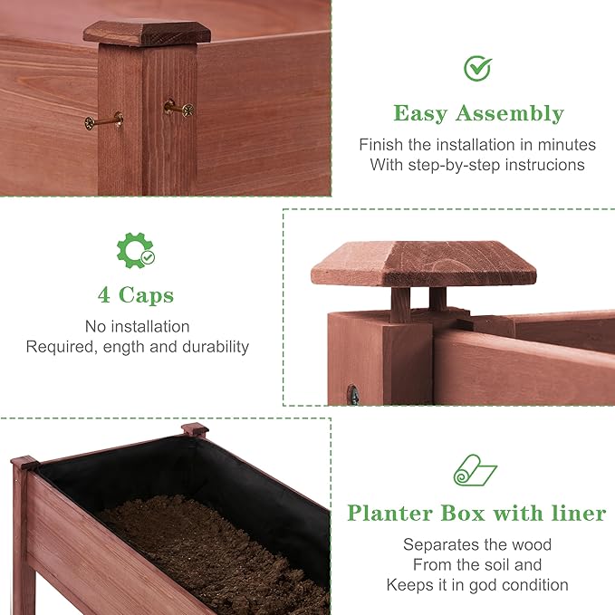 48×24×30 Inch Raised Garden Bed with Legs, Solid Wood Elevated Planter Box Stand with Liner for Outdoor, Backyard, Patio, Balcony