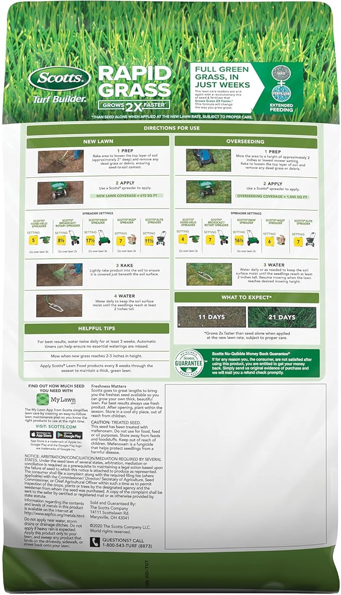 Scotts Turf Builder Rapid Grass Tall Fescue Mix - Combination Grass Seed and Fertilizer for Lawns, Lawn Seed That Grows in Just Weeks, 5.6 lbs.