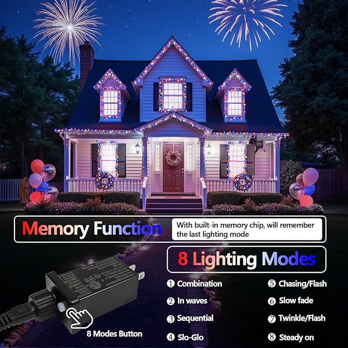 4th of July Decorations Red White and Blue Lights, 200 LED 66FT String Light Plug-in, 8 Modes 4th of July Lights for Indoor Outdoor Independence Day Memorial Day American Flag Patriotic Holiday Decor