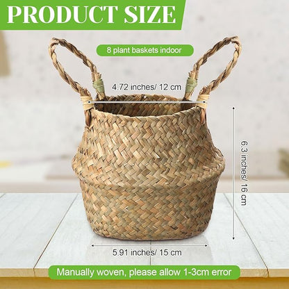 Qunclay 8 Pcs Woven Seagrass Baskets Belly Basket Folding Boho Natural Plant Pot with Handles Round Decorative Wicker Large Indoor Planter for Home Outdoor Tree Planters Decor (Xs,7.9''dx6.3''h)
