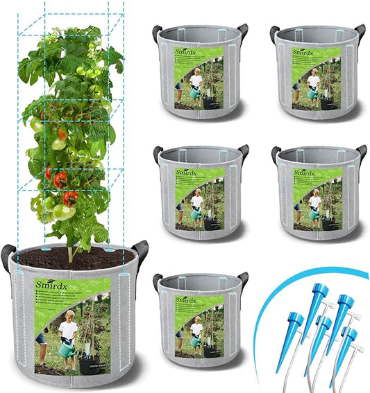 5 Pack 10 Gallon Plant Grow Bags with Automatic Irrigation Equipment and Reinforced Handles for Plant Support, Non-Woven Durable Breathe Fabric Grow Pots for Carrot, Onion, Flower, Tomato