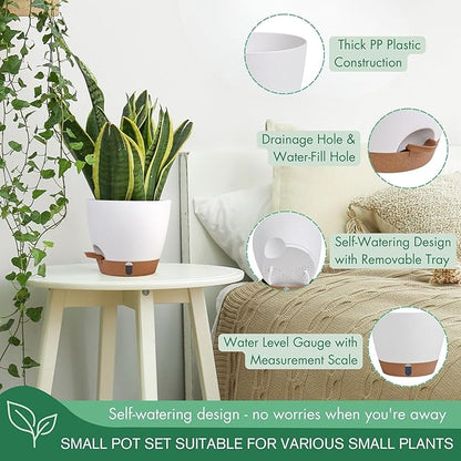 montresor 5-Pack Self-Watering Planters with Wick & Reservoir (5/5.5/6/6.5/7 Inch) – Plastic Indoor Pots with Drainage, White Flower Pot for Violet, Herb
