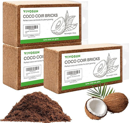 VIVOSUN Coco Coir Brick, 1.4lbs 100% Natural Organic Compressed Coconut Coir Fiber with Low EC, PH Balance & High Nutrition, Coconut Fiber Substrate, Coconut Soil for Plants, 3-Pack