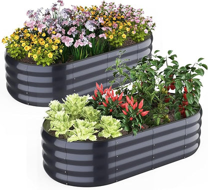 Galvanized Raised Garden Bed, 2 Pcs 4x2x1ft Oval Metal Planter Box Outdoor for Planting Vegetables Fruits Flowers, Grey