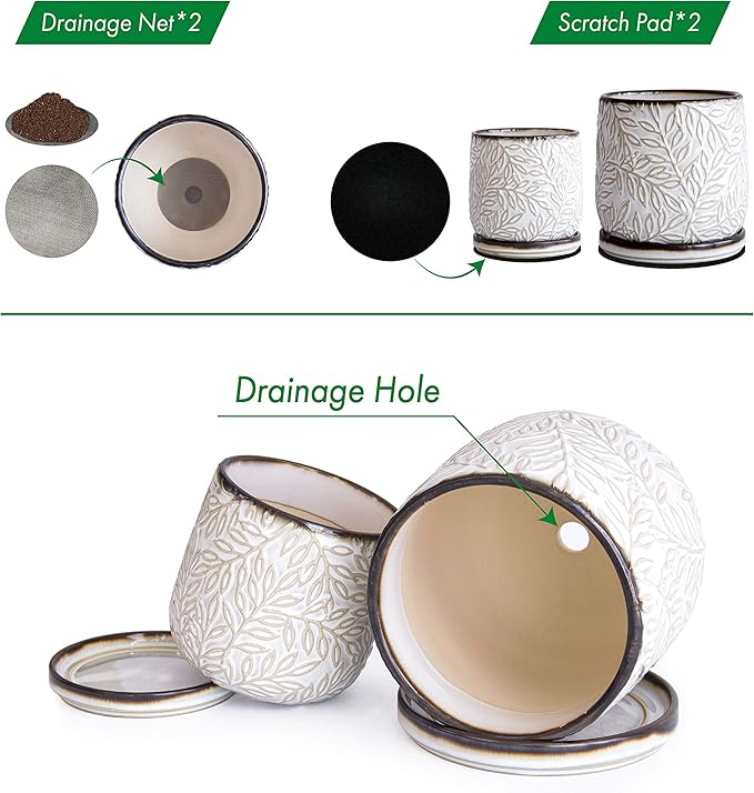 D'vine Dev Embossed Leaves Design 4 Inch & 6 Inch Stoneware Planter Pot with Drainage Hole and Saucer, Smoked White, 27-B-U-1