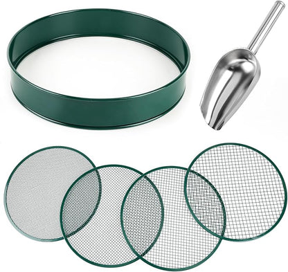 Soil Sifter for Gardening, 12" Green Soil Sifter Potting Sieve with Shovel and 4 Fine Screens for Sand Dirt, Sand, Rock, Filtration, Compost and Bonsai (5 IN1)