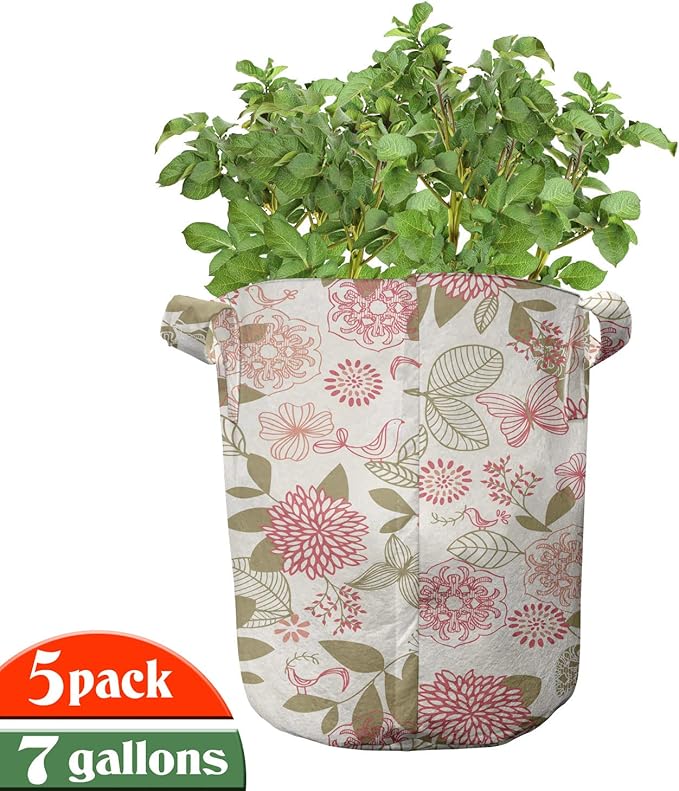 Ambesonne Vintage Grow Bags 5-Pack, Pink Chrysanthemum Flower, Heavyduty Fabric Pots with Handles for Plants, Pink Beige