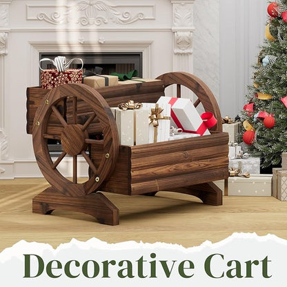Wooden Wagon Planter Flower Cart with Wheels Garden Box Garden Planter, Decorative Planter for Flowers Herbs Vegetables for Indoor & Outdoor Décor Flower Cart for Patio Garden Balcony (Carbonized)