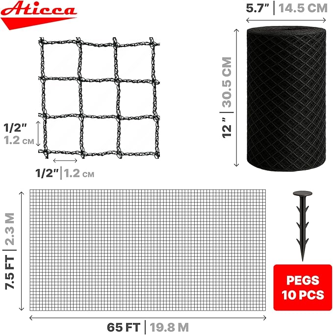 Heavy Duty Bird Netting for Garden Protection & Fruit Trees, 7.5x65 Ft with 10 Stakes – Black Anti-Bird Net for Poultry, Deer, & Squirrel Protection, Durable Nylon Mesh for Garden and Yard Use