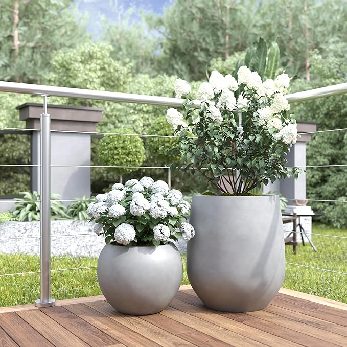 DTY Mount Sherman 12.6" D x 10'' H (Pot Opening 8.5") Fiberstone Round Planter with Drainage Hole, Smooth Finishes, Weather Resistant for Indoor and Outdoor, 2 Extra Coco Mats - Gray, Small