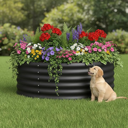 DDK Galvanized Raised Garden Bed,Round Outdoor Planter Bed, 4x4x1.5ft Metal Planter Box for Gardening and Planting,BK