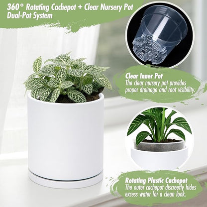 D'vine Dev Double-Layer Planter Set – Rotating Plastic Cachepot with Clear Inner Liner for Root Health, Perfect for Indoor Plants, 4.5", White, 73-U-A-1