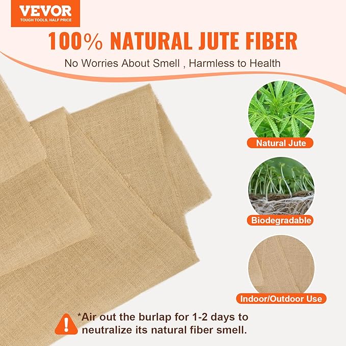 VEVOR Burlap Fabric Roll, 40” x 30 ft High Density Natural Jute Fiber Material for Outdoor Plant Care, Tree Wrap Roll, Decor, DIY Crafts, Wedding, Garden Weed Barrier, Plant & Tree Winter Covering