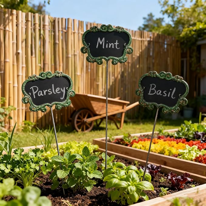 Set of 3 Vintage Green Metal Garden Markers with Chalkboard - Rustic Plant Labels for Indoor/Outdoor Flower Beds, Vegetable Gardens