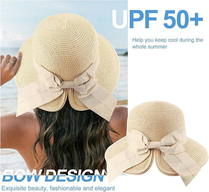 DRESHOW Sun Hats for Women Travel Fedora Foldable Beach Sun Hat Summer Wide Brim Straw Bucket Hat with Bowknot UPF 50+