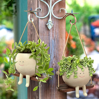 HUNTHAWK Swing Face Planter Pot Hanging Resin Flower Head Planters for Indoor and Outdoor Plants, Succulent Pots for String of Pearls Plant - Ideal Gifts for Mother's Day and Christmas (Medium)