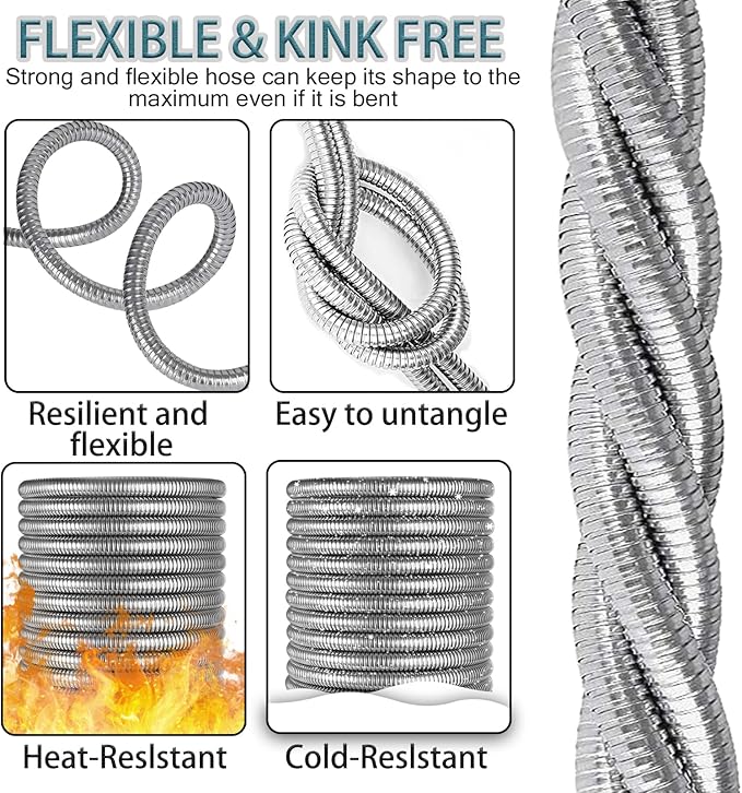 HmiL-U Silver Metal 50FT Garden Hose with 8 Function Nozzle, Heavy Duty, Kink Free, Rust-proof, Anti-puncture, Lightweight, Durable, Weatherproof, 600 Inches, 2 Inches Width