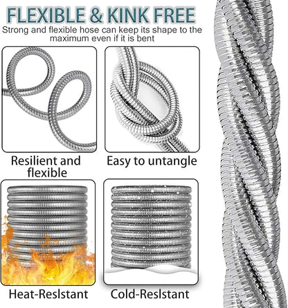 HmiL-U Silver Metal 50FT Garden Hose with 8 Function Nozzle, Heavy Duty, Kink Free, Rust-proof, Anti-puncture, Lightweight, Durable, Weatherproof, 600 Inches, 2 Inches Width