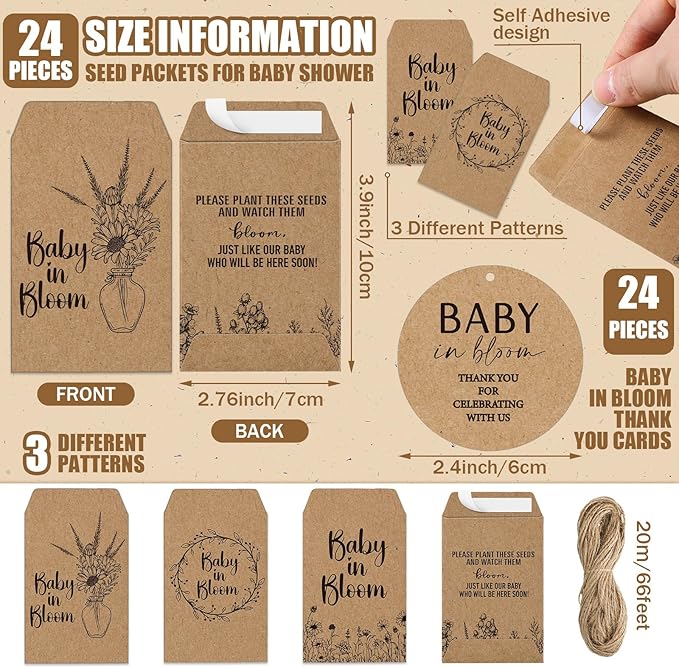 Baby Shower Party Favors Baby in Bloom Envelopes Seed Packets Include 24 Mini Terracotta Pots Seed Packets 24 Self Adhesive Envelopes Thank You Tags Gifts for Party(Kraft Paper)