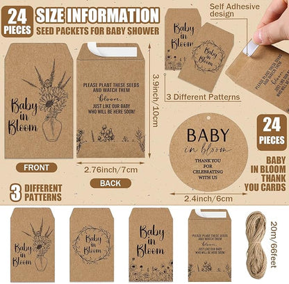 Baby Shower Party Favors Baby in Bloom Envelopes Seed Packets Include 24 Mini Terracotta Pots Seed Packets 24 Self Adhesive Envelopes Thank You Tags Gifts for Party(Kraft Paper)