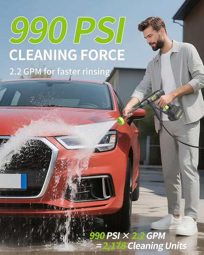 Cordless Pressure Washer Battery Powered; 990PSI Cordless Power Washer with 6-in-1 Nozzle, 23FT High-Elastic Hose, 21V Battery&Charger; Portable Handheld Pressure Washer Cleaner for Home (DH02-21)